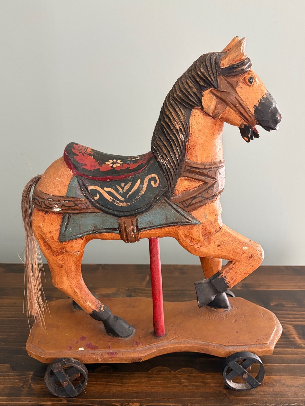 Vintage Hand Carved & Hand-Painted Wooden Carousel Horse on Wheels Wooden Toy - Picture 1 of 14